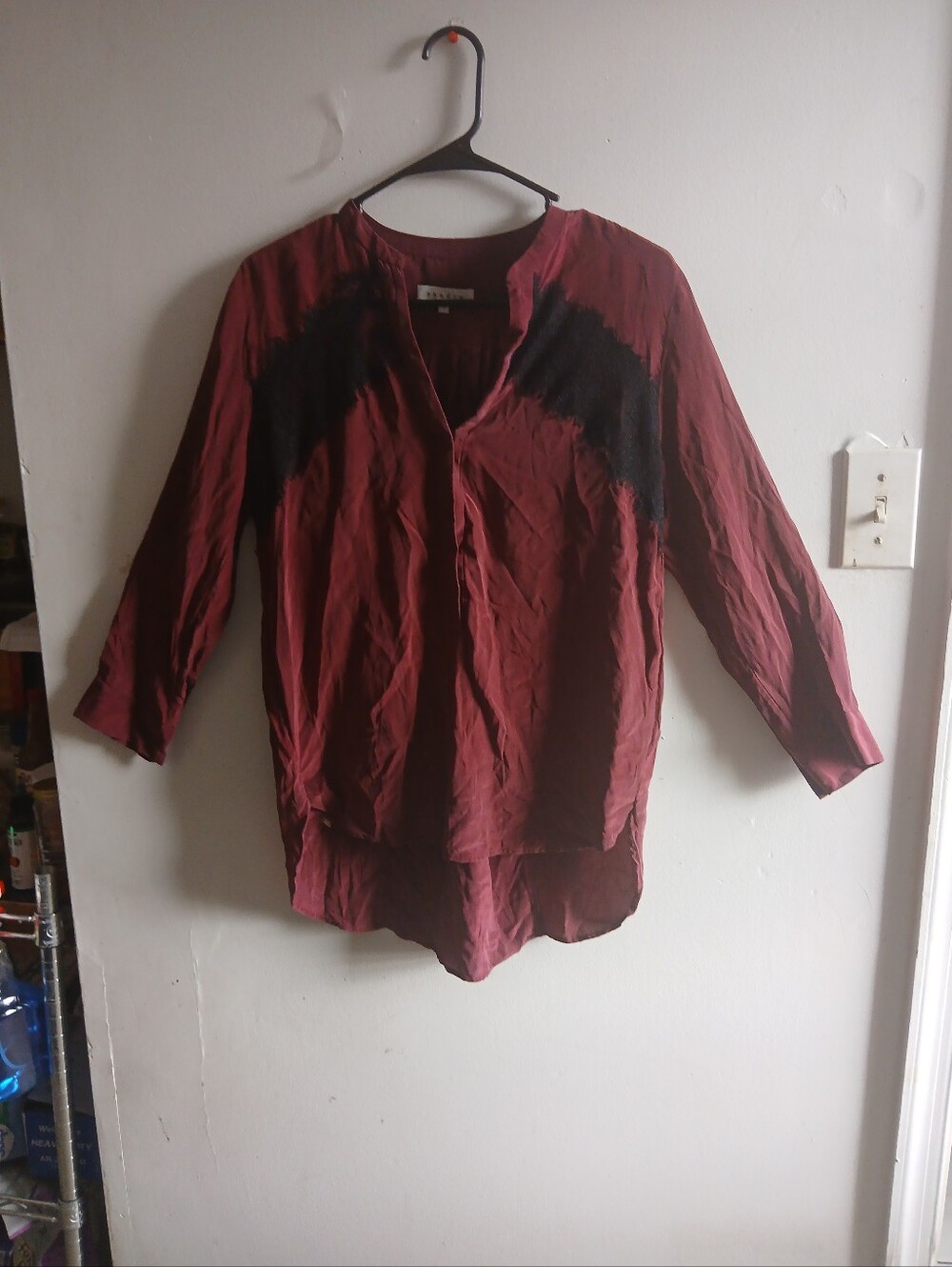 Women's Burgundy V-Neck Blouse with Black Accent